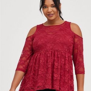 NWT! Torrid Rumba Red Lace Cold Shoulder Babydoll Top